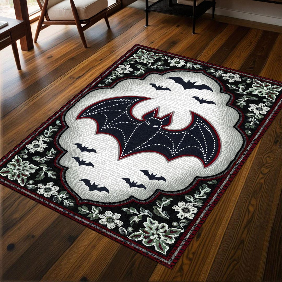 Black Bat Decor Rug Black and White Rug With Floral Border, Perfect for ...