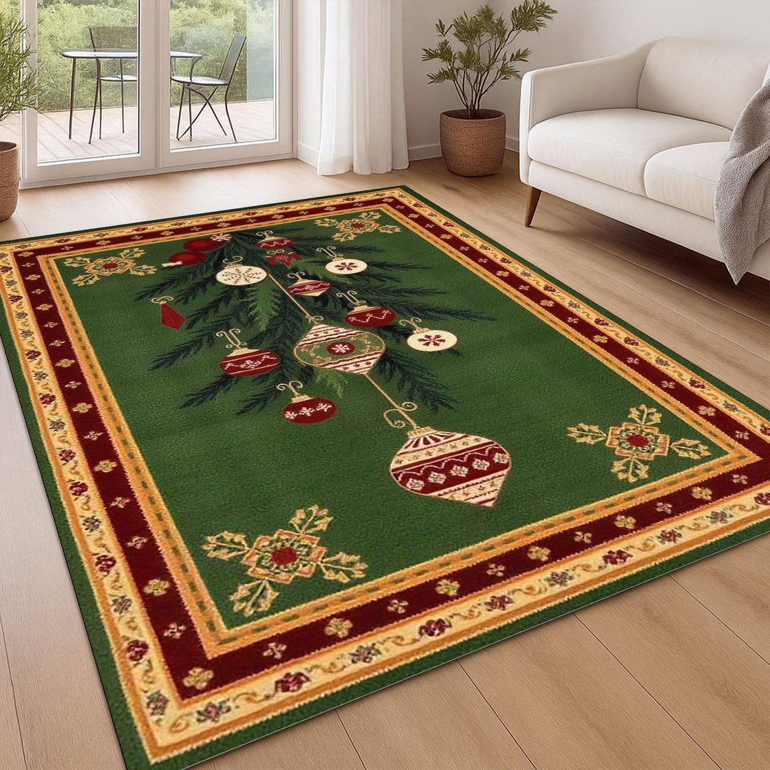 Merry Christmas Ornaments Rug, Holiday Green Red Carpet, Festive Xmas ...