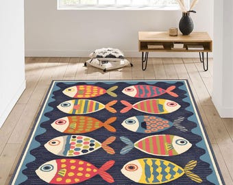 Colorful Fish Rug, Fun Sea Animal Rug For Kids Room, Nautical Ocean Inspired Area Rug For Nursery Bedroom Playroom Decor, Kitchen Decor Rug