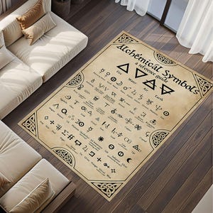 Alchemy Symbols Area Rug, Occult Witch Decor Carpet, Elemental Signs Vintage Rug, Mystical Beige Magic Rug, Washable Alchemist Style Rug