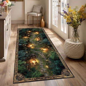 May include: A rectangular area rug featuring a fantasy forest scene with a stone path, glowing lanterns, and lush greenery. The rug has a dark border with ornate gold detailing, creating a whimsical and inviting atmosphere.