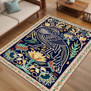 Boho Ethnic Floral Rug with Bird Motif – Vibrant Botanical Pattern Area Carpet – Mystical Nature Inspired Tapestry for Living Room Decor