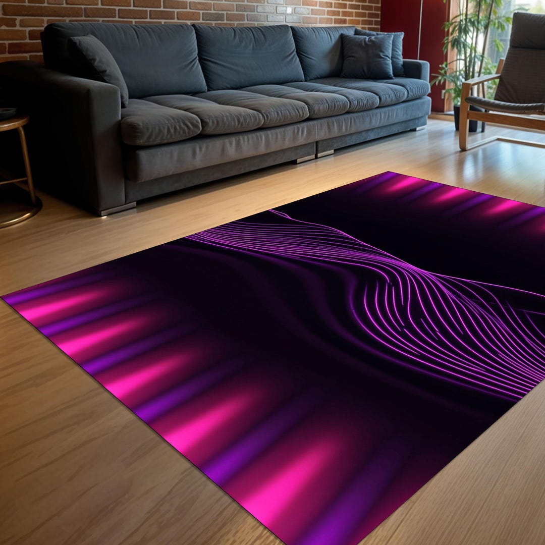 Neon Purple Waves Rug, Retro Futuristic Area Carpet With Glowing Lines ...