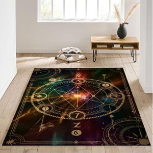 Mystischer Alchemie Symbol Teppich mit himmlischer Sternkarte und goldener Geometrie - Esoterisches Design für spirituelle Dekoration, Astrologie und Meditationsräume