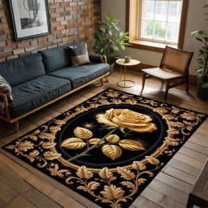 Gold Rose Rug, Black Floral Carpet, Baroque Frame Mat, Luxury Room Rug, Glam Home Decor, Elegant Living Rug,Sophisticated Floor Art