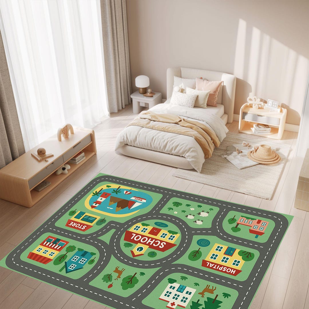 City Play Rug, Kids Map Carpet, Road Map Play Mat, Urban Playroom Rug ...