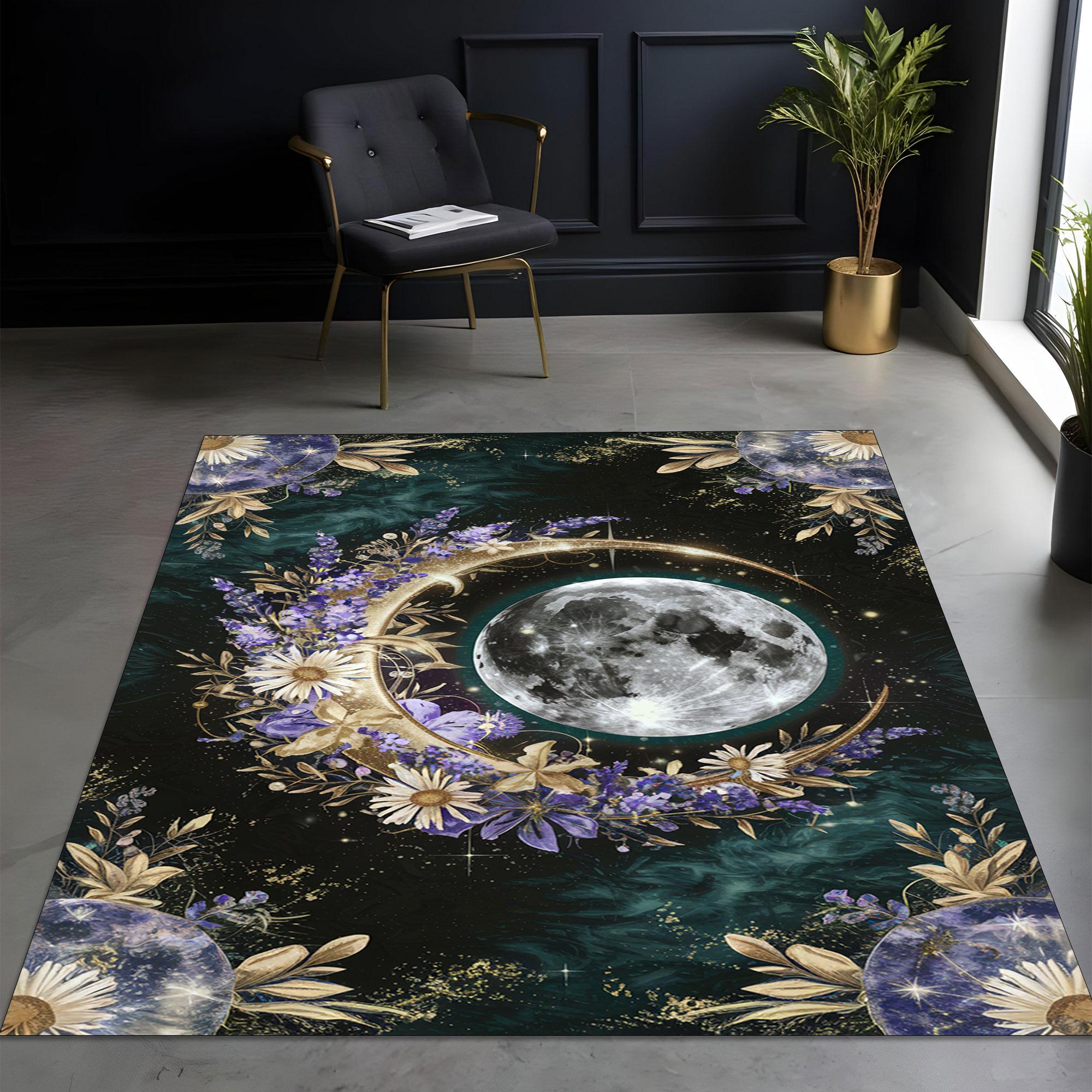 Moon rug, celestial carpet, golden crescent mat, floral mystical rug, boho moon decor, spiritual home rug, purple floral rug, moon phase rug