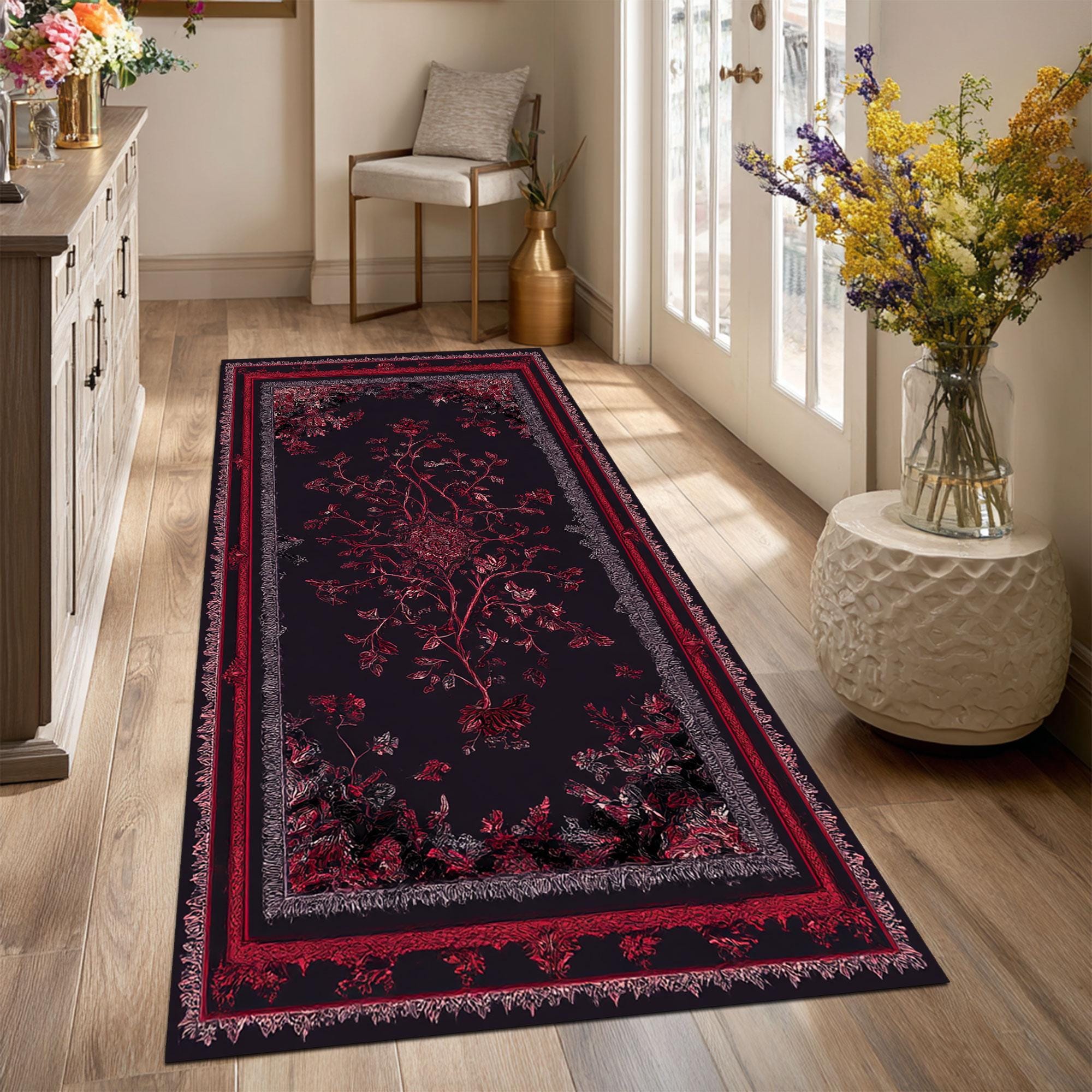 Dark Red Gothic Botanical Runner Rug Carpet, Romantic Floral Long Area ...