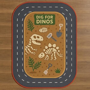 Dinosaur Dig Rug For Kids With Bones, Shovels And Track Border, Playful Educational Carpet For Toddlers’ Rooms, Play Areas Or Early Learning