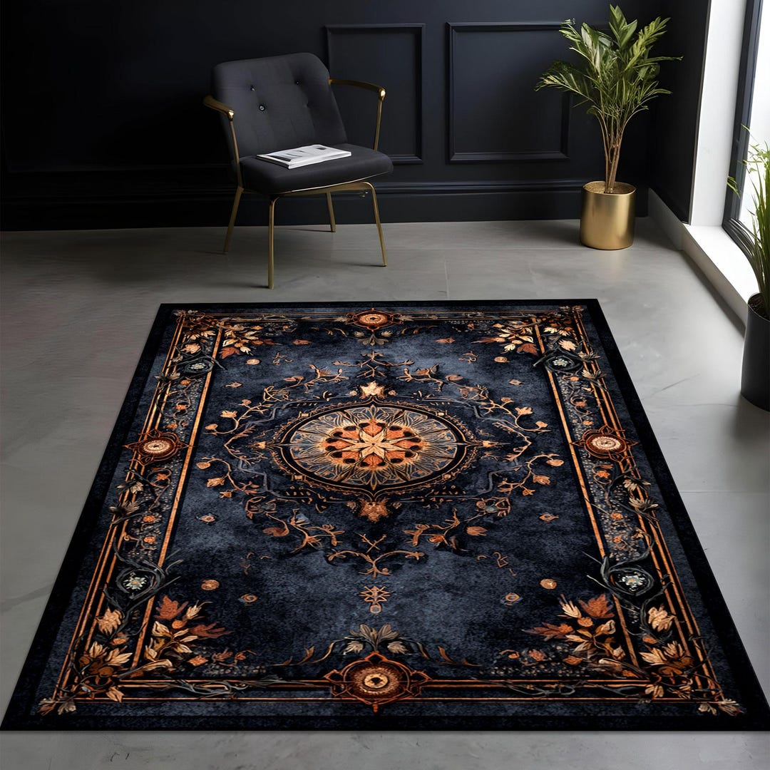 Medieval Rug Blue Dark Blue Baroque Rug: Gold Floral Medallion, Washable Non-slip Carpet ...