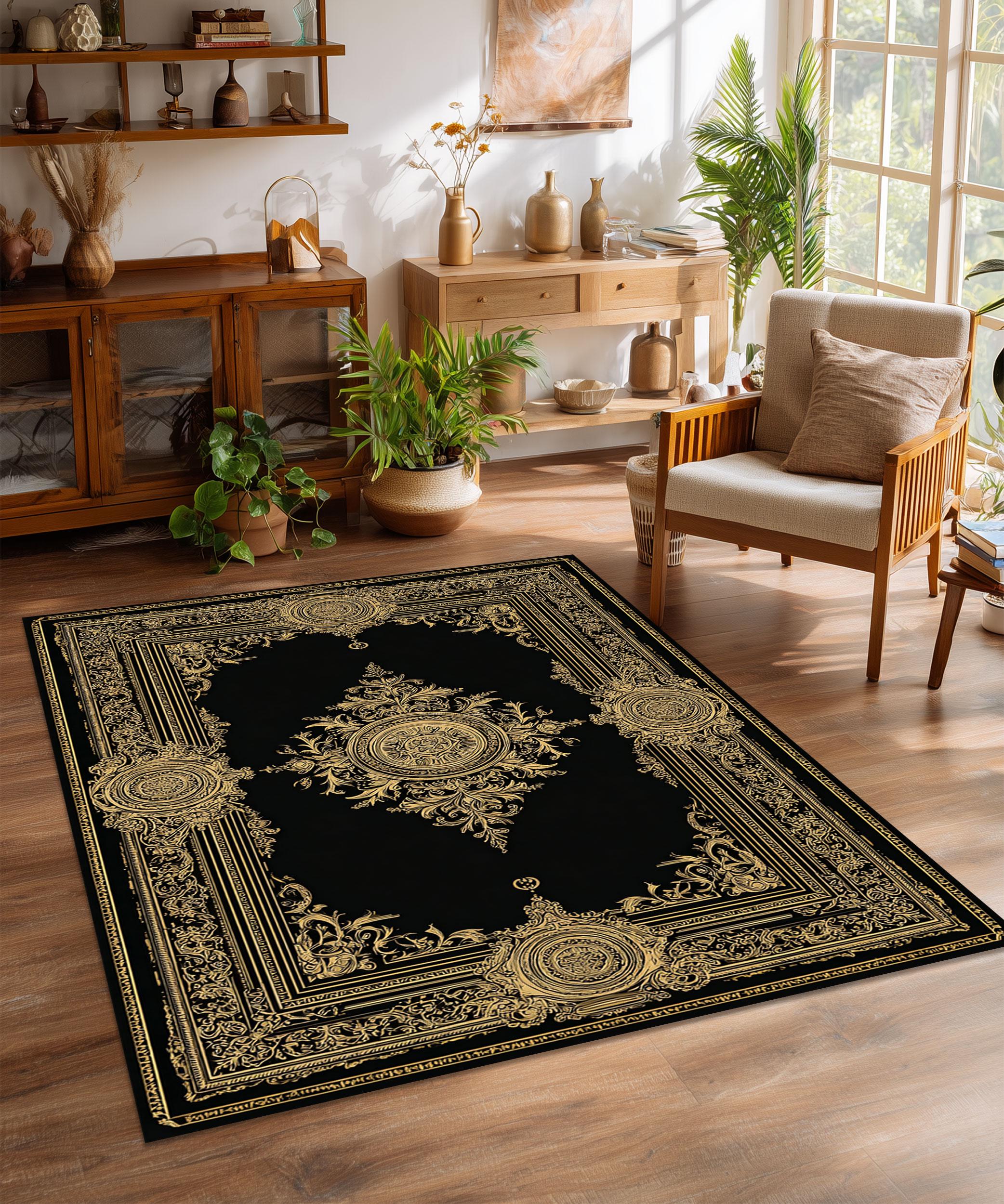 Round Baroque Rug Black and Gold Baroque Rug With Ornate Medallion, Luxury Classic Area ...