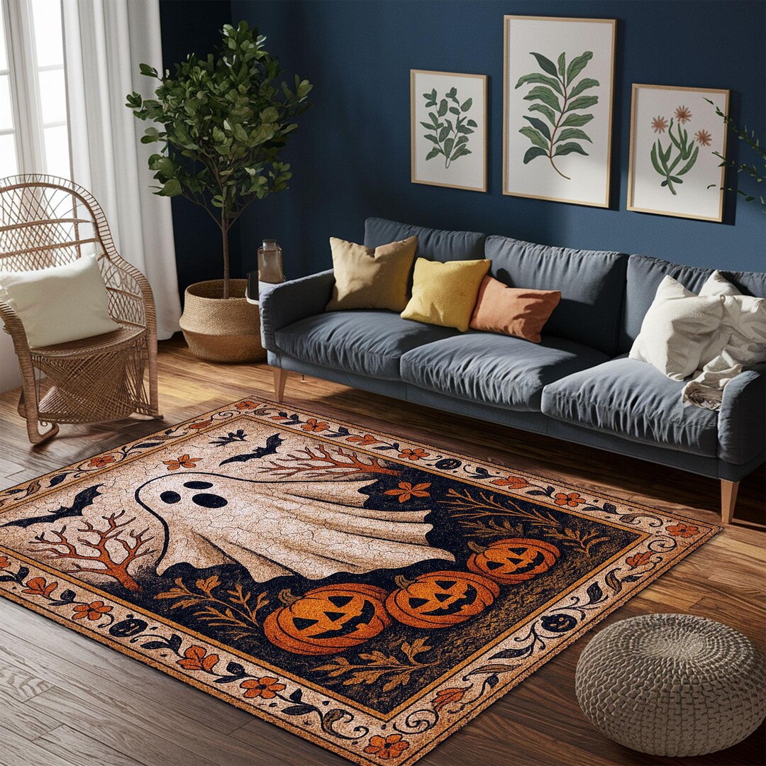 Ghost Rugs Halloween Ghost & Pumpkin Rug: Spooky Fall Entryway Decor - Etsy