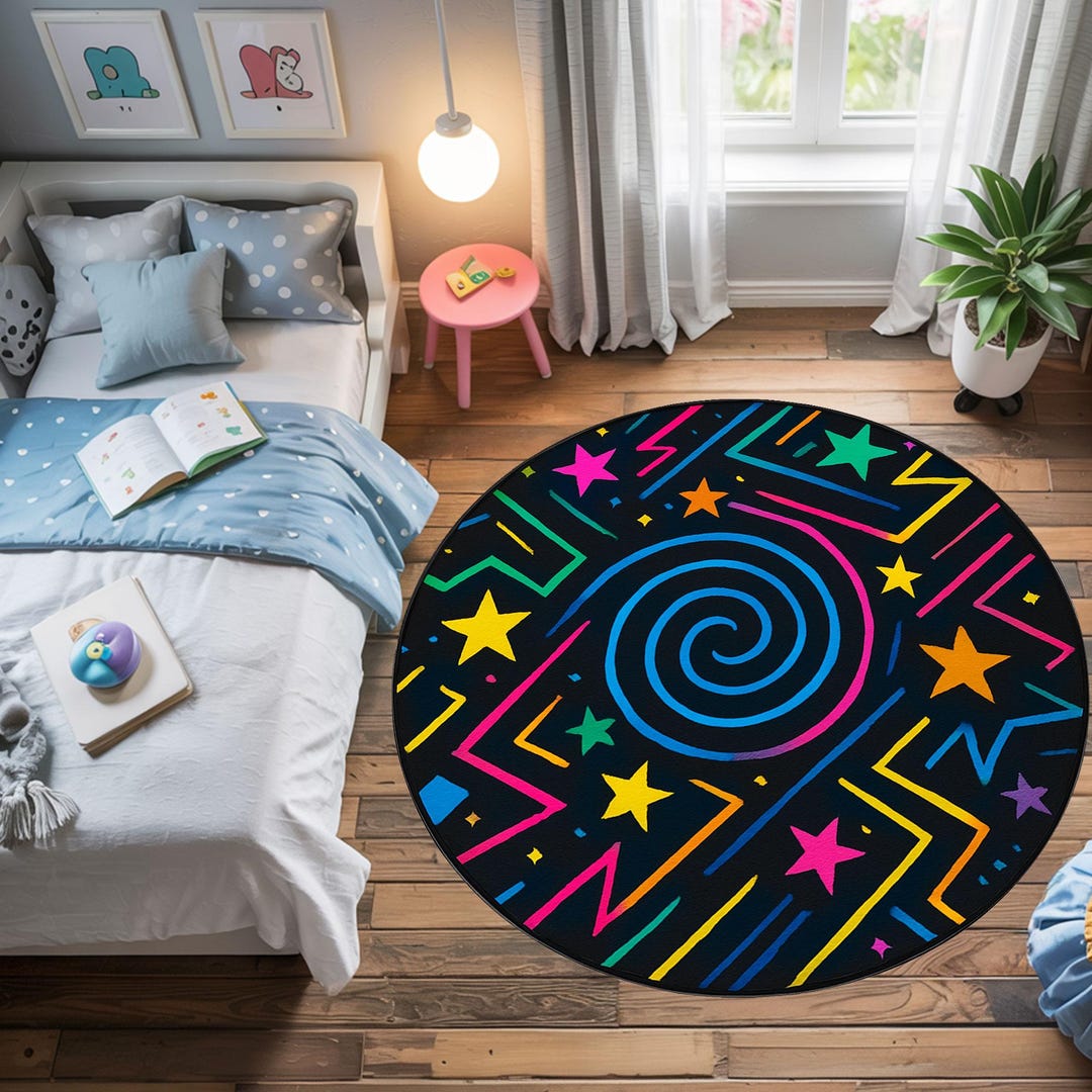 Retro Spiral Rug: Neon Star 80s Arcade Decor - Etsy
