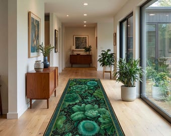 Grüner Teppich mit Blumenmuster, Botanischer Gartenteppich für Flur und Wohnraum
