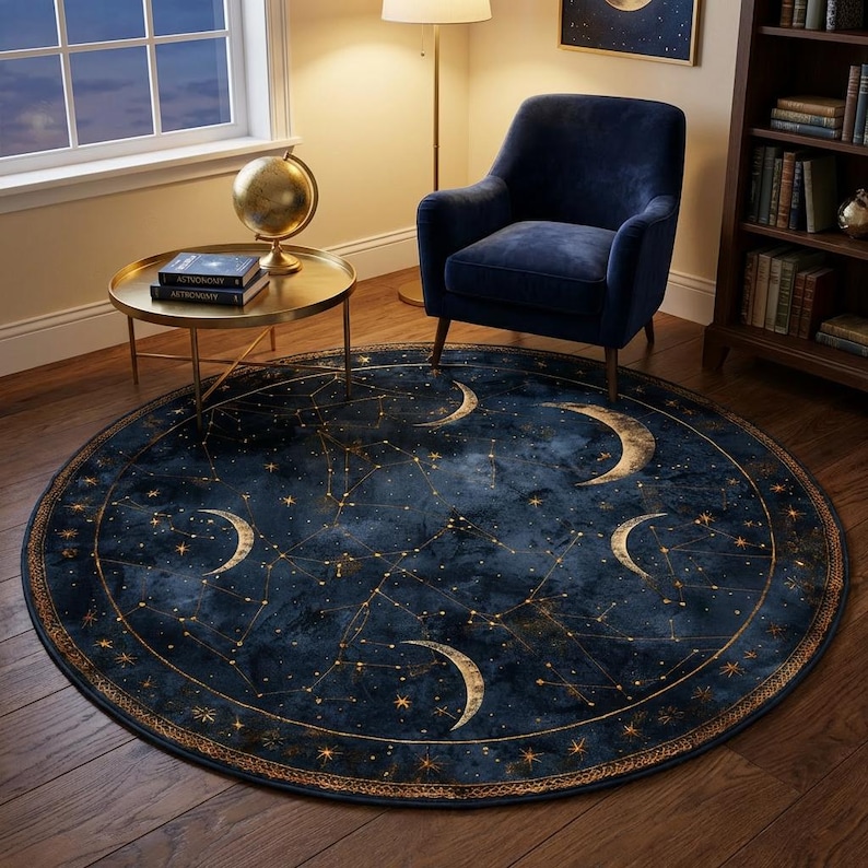 Astral Rug Pattern Round Celestial Moon Rug, Zodiac Star Map Area Rug, Navy Blue Astrology ...