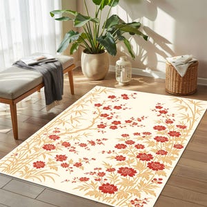 Asian Floral Rug, Red Gold Botanical Carpet, Cream Blossom Mat, Minimal Zen Floor Rug, Elegant Living Room Rug, Tranquil Botanical Area Mat