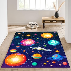 Alfombra colorida de planeta espacial con OVNI y cielo estrellado, divertida alfombra de dibujos animados para habitación infantil, espacios de juego o regalo de cumpleaños del espacio exterior.