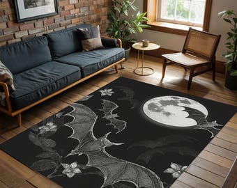 Gothic Bat & Moon Rug: Witchy Dark Academia Decor