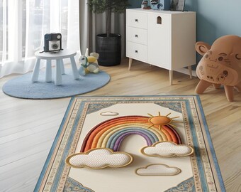 Alfombra de guardería bohemia con arcoíris, suave alfombra para sala de juegos, decoración cálida y colorida para habitación de bebé, bonita alfombra para habitación infantil, alfombra inspirada en el sol pastel.