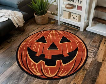 Halloween rug, pumpkin floor mat, jack-o-lantern decor, spooky round rug, fall home carpet, halloween party mat, festive seasonal rug