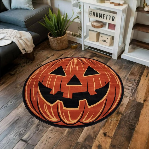 Halloween rug, pumpkin floor mat, jack-o-lantern decor, spooky round rug, fall home carpet, halloween party mat, festive seasonal rug