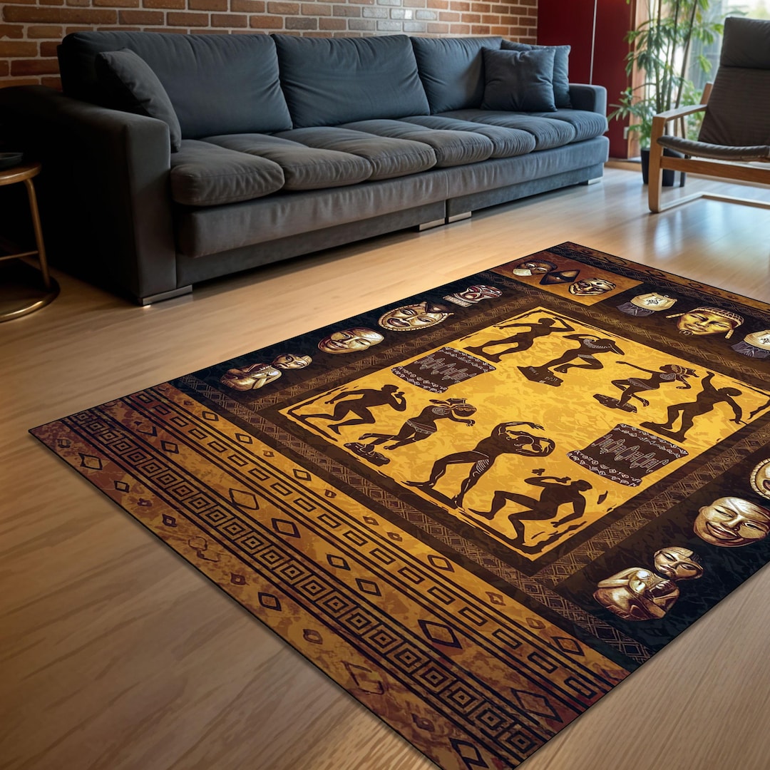 Cultural Rug Traditional African Art Rug - Tribal Mask and Dance Theme, Ethnic Decor ...