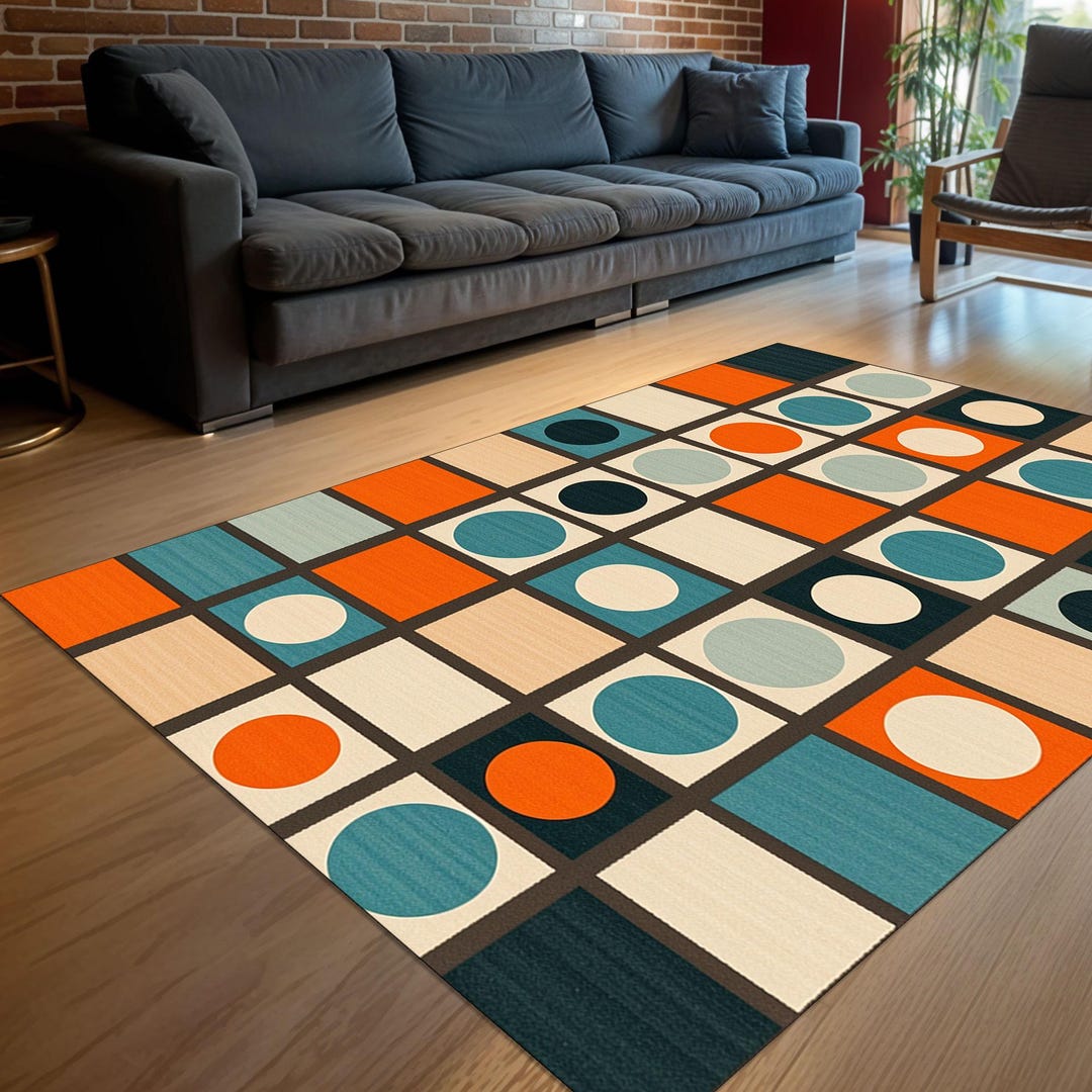 Grid Circle Rug, Mid Century Style Rug, Modern Geometric Carpet, Retro ...