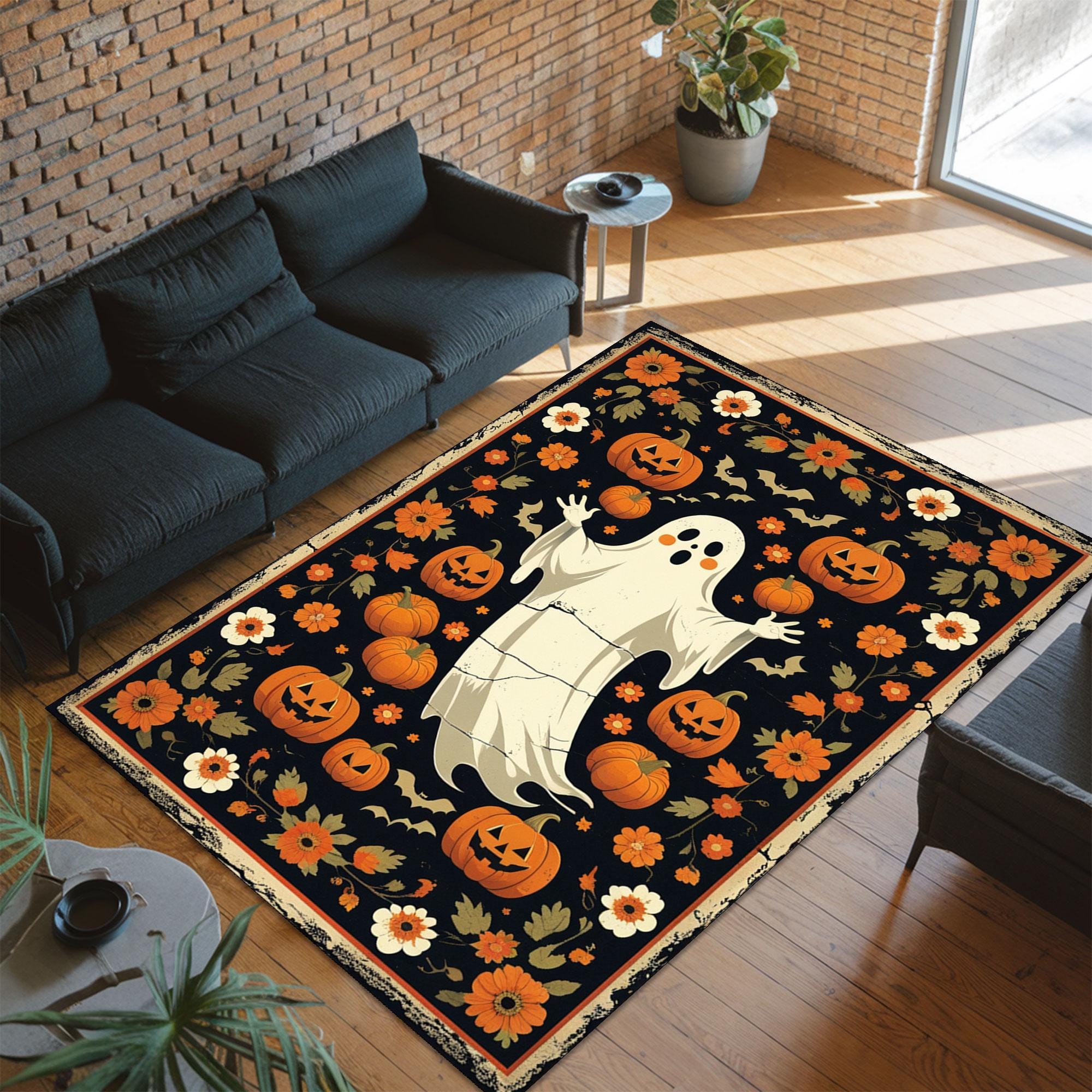 Ghost Pumpkin Rug, Floral Halloween Carpet, Cute Fall Mat, Spooky Autumn Decor, Cozy Nursery Rug, Harvest Halloween Rug, Orange Bloom Rug