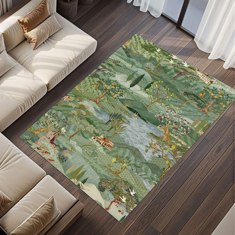 Green Earthy Pattern Rug Green Scenic Landscape Rug With Forest Hills & Rivers, Country Style ...