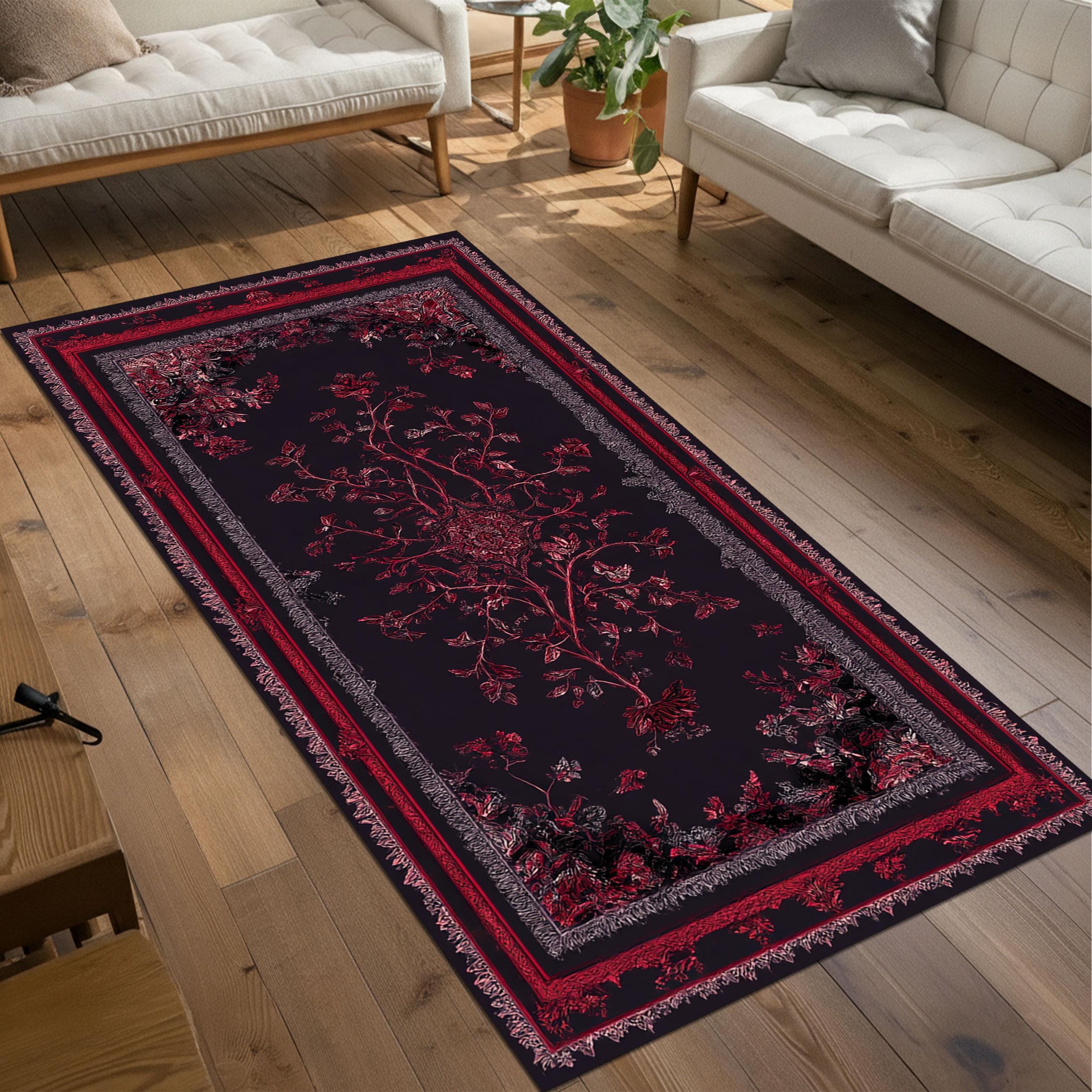 Dark Red Gothic Botanical Runner Rug Carpet, Romantic Floral Long Area ...