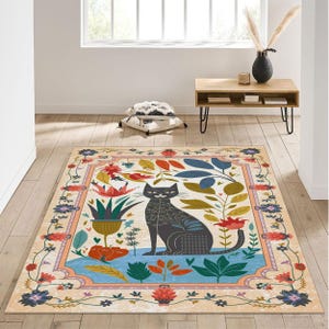 Bohemian Black Cat Rug, Floral Folk Print Rug, Vintage Look Cozy Home Decor, Whimsical Nature Accent Piece, Mystical Cat & Flowers Rug