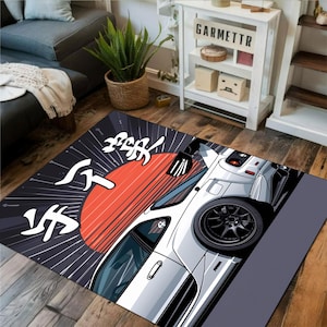 Japanese Street Car Rug with Rising Sun and Kanji Art, JDM Racer Carpet for Teen Rooms, Drift Enthusiasts or Car-Themed Gifts, Kids Room Rug