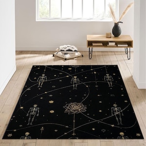 Celestial Skeleton Rug with Rose and Star Motifs, Dark Academia Style Carpet for Alternative Spaces or Halloween-Inspired Decor