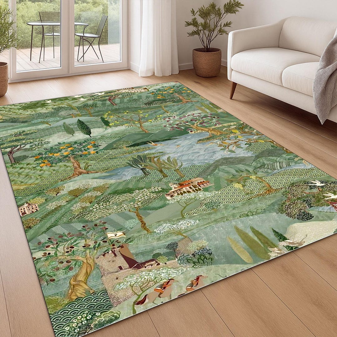 Green Earthy Pattern Rug Green Scenic Landscape Rug With Forest Hills & Rivers, Country Style ...