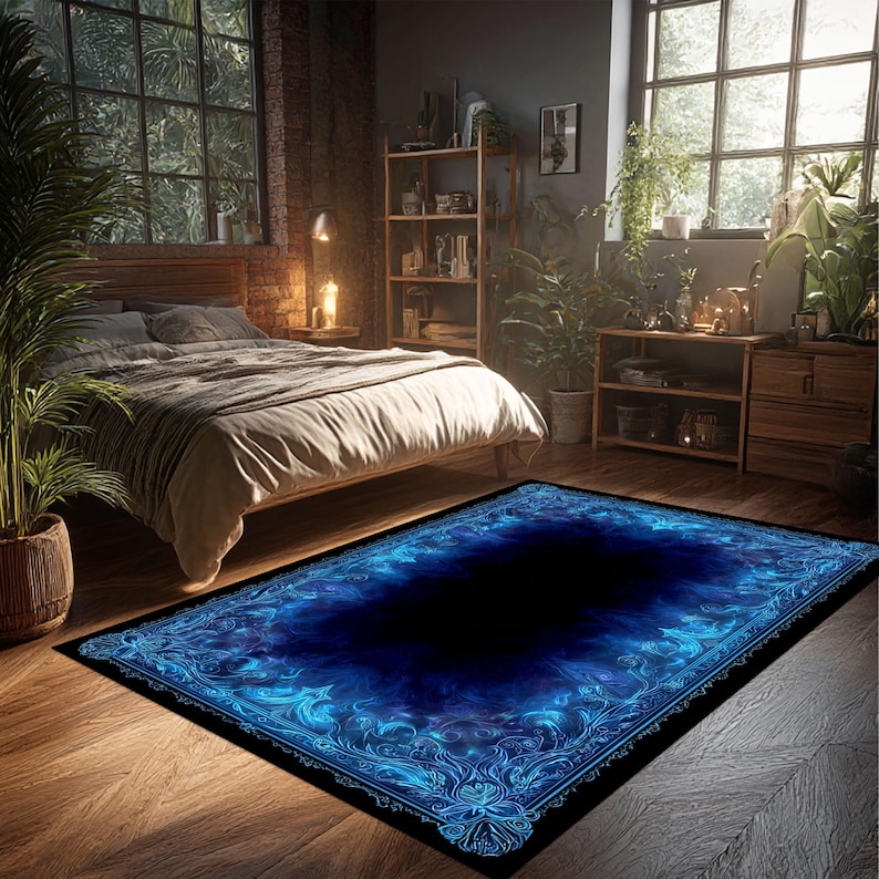 Blue Neon Vortex Illusion Rug, Futuristic Gaming Area Rug With Optical ...