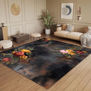 Dark Floral Rug – Gothic Rose Print Carpet, Machine Washable and Non-Slip Area Mat, Vintage Flower Decor for Bedroom, Living or Reading Room