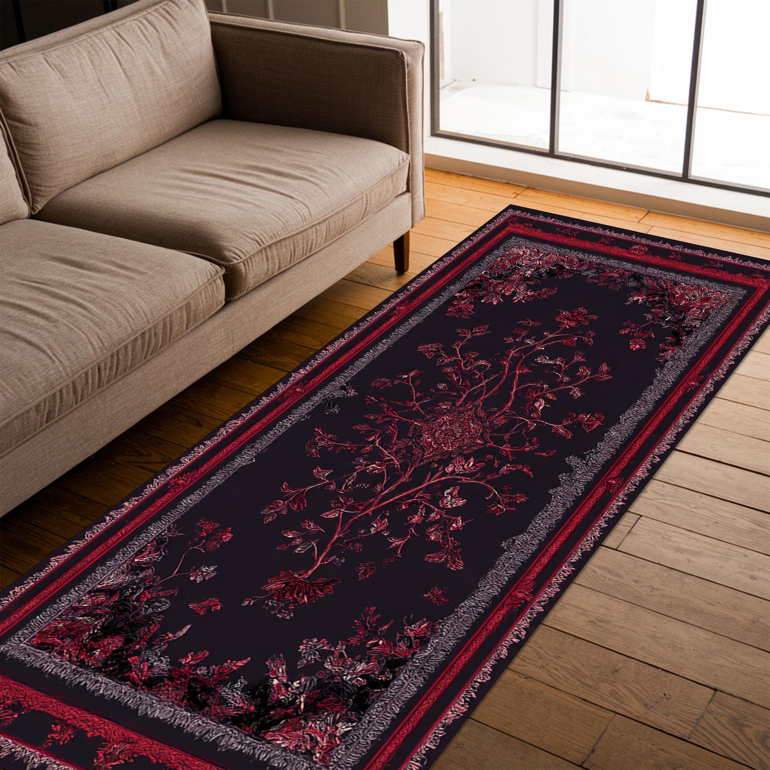 Dark Red Gothic Botanical Runner Rug Carpet, Romantic Floral Long Area ...