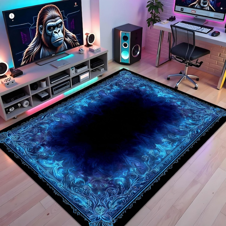 Technology Rug Blue Neon Vortex Illusion Rug, Futuristic Gaming Area Rug With Optical ...