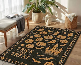 Halloween Rug, Pumpkin Carpet, Trick or Treat Mat, Ghost Decor Rug, Spooky Entry Rug, Fall Floor Accent, Yellow Black Rug, Castle Design Mat