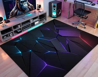 Neon Gamer Rug: Geometric Tech Room Carpet