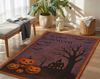 Halloween Rug, Spooky Pumpkin Mat, Gothic Tree Mat, Haunted House Floor, Fall Decor Rug, Bats Theme Mat, Scary Vibe Rug, October Room Decor