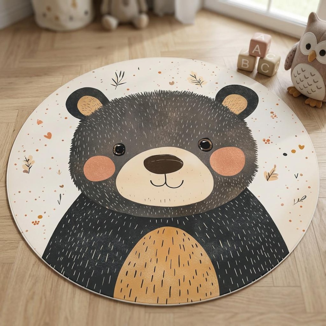 Teddy Bear Nursery Round Rug, Cute Bear Kids Carpet, Woodland Animal ...
