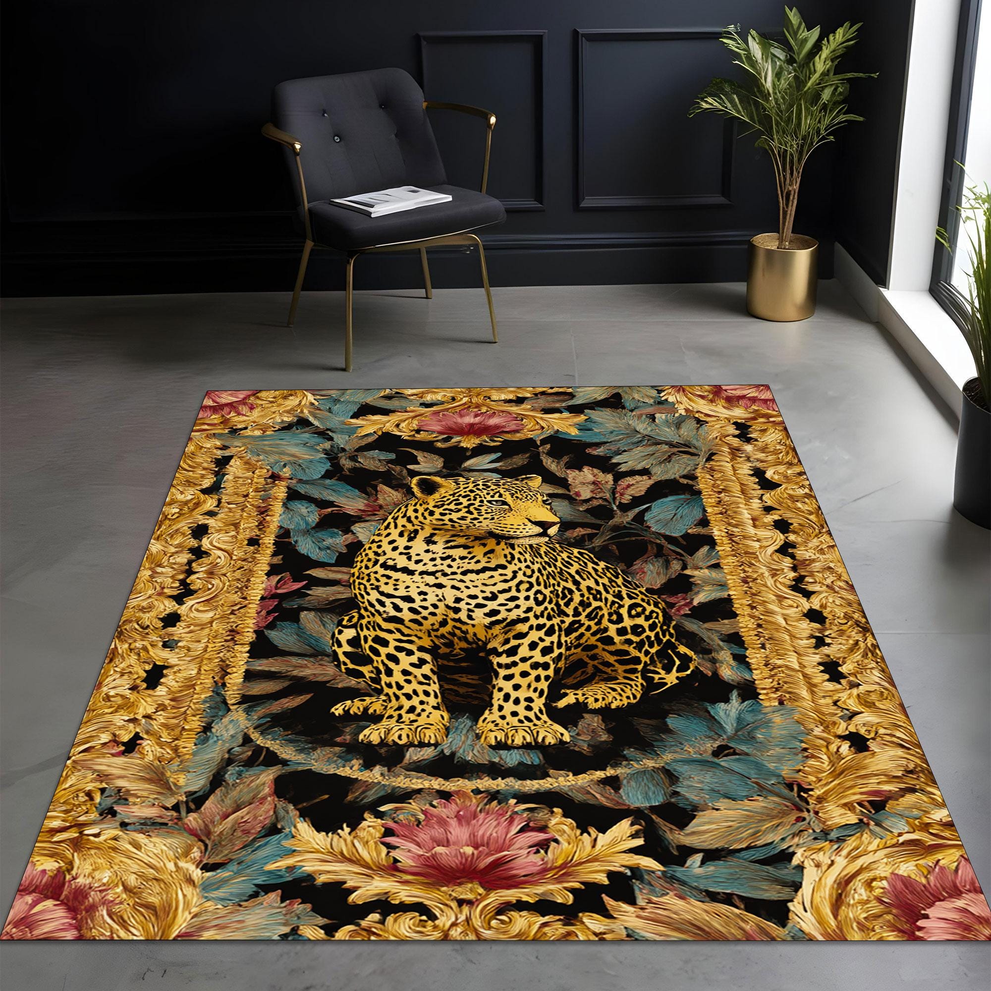 Leopard Baroque Area Rug: Washable Black Gold Floral Carpet - Etsy