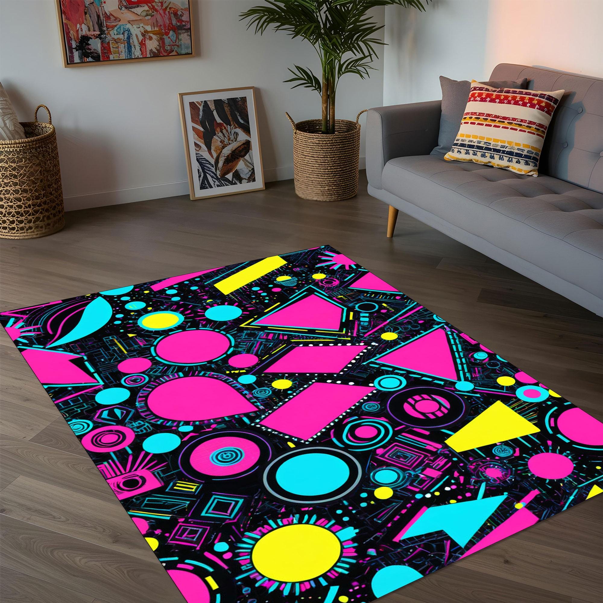 Retro 80s Geometric Rug: Neon Pink, Blue & Yellow Abstract Design - Etsy
