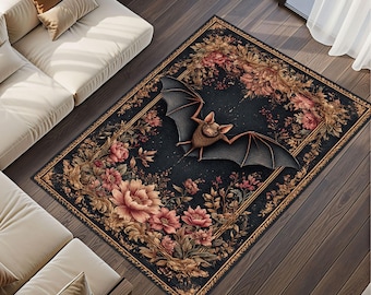 Gothic Bat Rug: Dark Academia Floral Frame Accent Rug