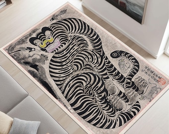 Tibetan Tiger Rug, Bold Art Deco Area Carpet, Japanese Style Tiger