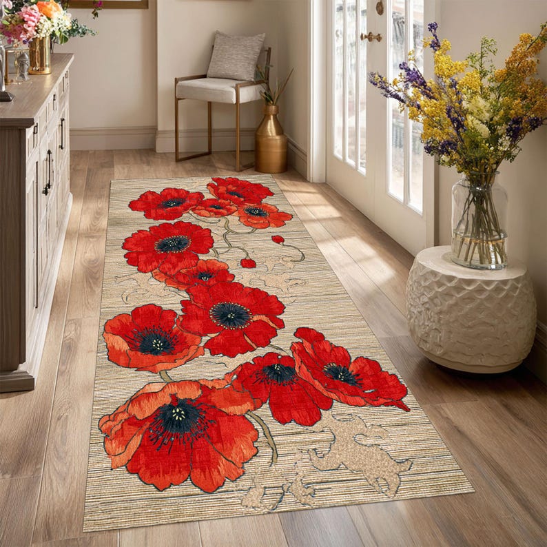 Red Poppy Floral Runner Rug: Botanical Beige Hallway Carpet - Etsy