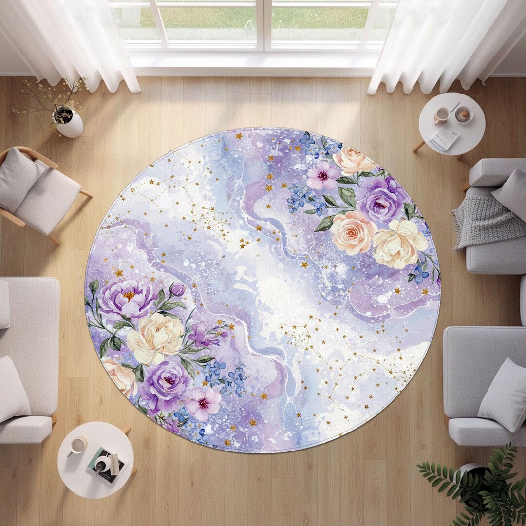 Celestial Floral Round Rug, Lavender Botanical Area Rug, Elegant Dreamy ...