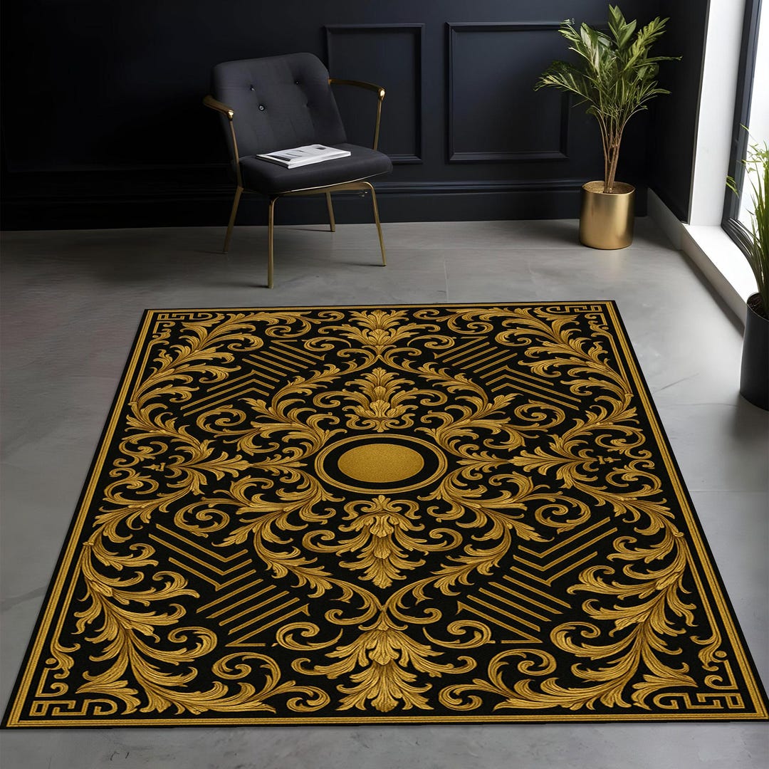 Baroque Rug, Gold Black Carpet, Elegant Living Room Rug, Royal Style ...