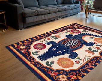 Boho Alligator Rug - Cute Crocodile Rug, Animal Print Rug, Whimsical Home Decor, Alligator Rug for Bedroom Decor, Rug for Maximalist Decor